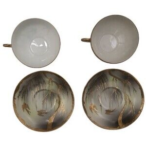 Made in Japan Hand Painted 2 Cups with Saucers Bone China Gold Ivory Grey Birds